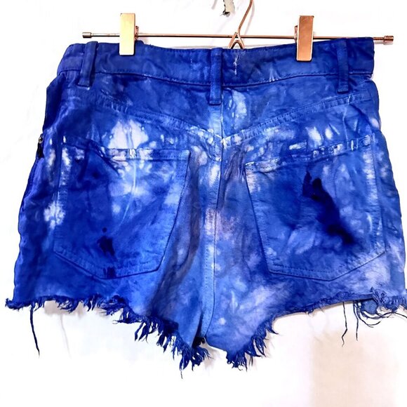Zara Size 2 Blue Denim Shorts Jeans Tie Dyed Distressed Hot Fringe Tied Dye OOAK - Picture 6 of 8